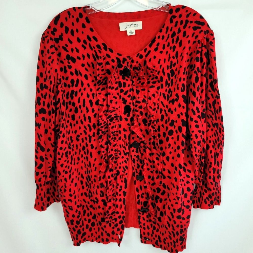 Josephine Studio XL Sweater Red Black 3/4 Sleeve Silk Blend Ruffles Big Buttons